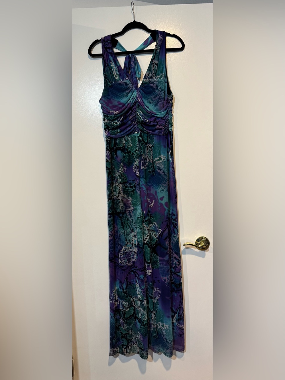 Vintage Y2K Caché Purple Teal Snake Print Ruched Halter Maxi Dress Size L - Picture 6 of 8